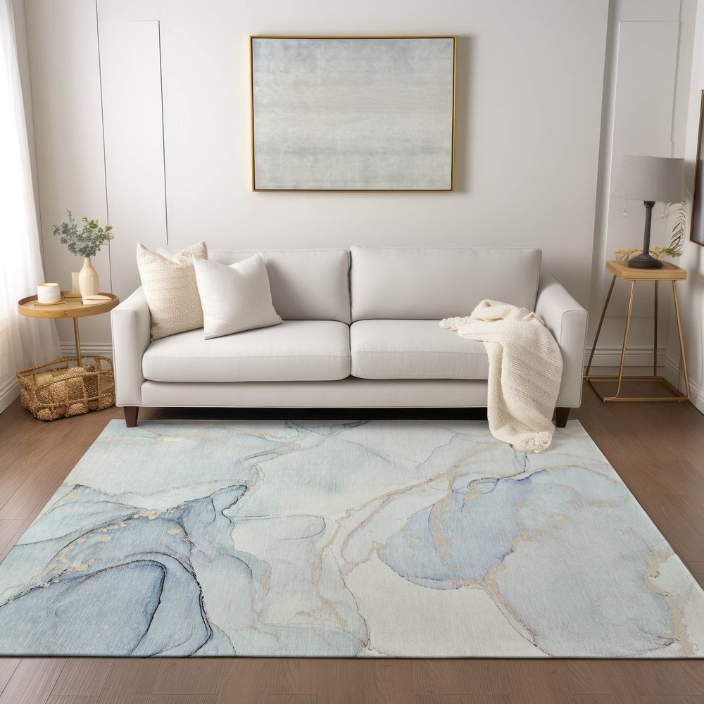 5' X 8' Beige and Blue Abstract Washable Non Skid Indoor Outdoor Area Rug