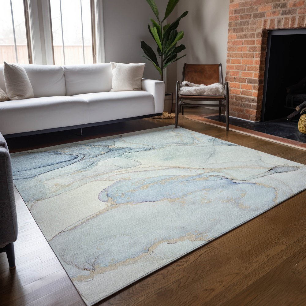 5' X 8' Beige and Blue Abstract Washable Non Skid Indoor Outdoor Area Rug