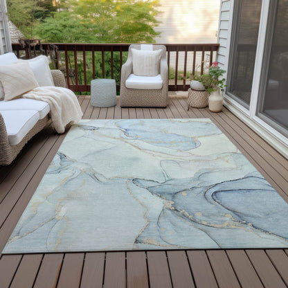 5' X 8' Beige and Blue Abstract Washable Non Skid Indoor Outdoor Area Rug
