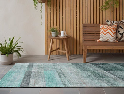 3' X 5' Teal Ombre Washable Non Skid Indoor Outdoor Area Rug