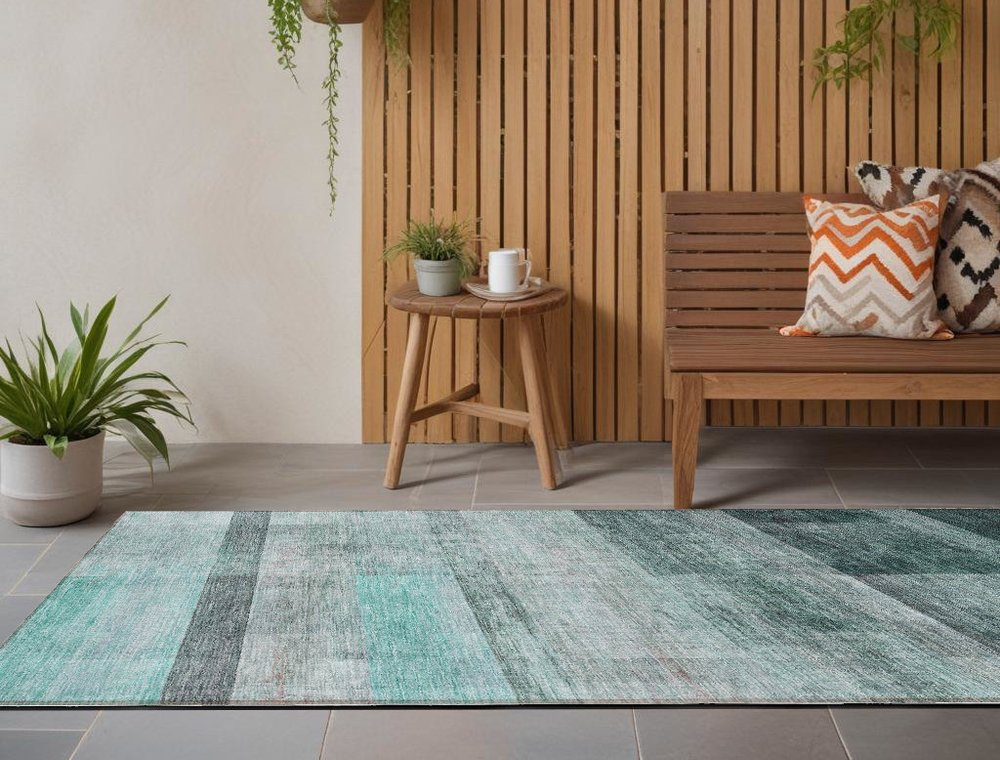 3' X 5' Teal Ombre Washable Non Skid Indoor Outdoor Area Rug