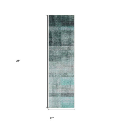 8' Runner Teal Ombre Washable Non Skid Indoor Outdoor Runner Rug