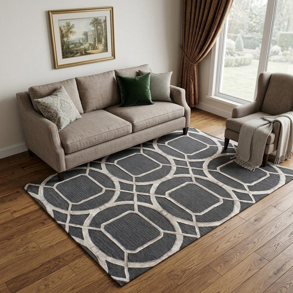 5' X 8' Charcoal and Ivory Abstract Geometric Hand Tufted Area Rug