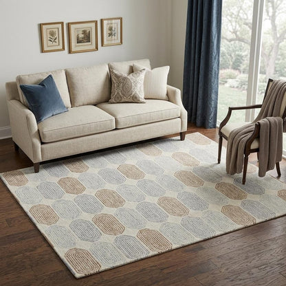 5' X 8' Ivory and Silver Wool Abstract Geometric Hand Tufted Non Skid Area Rug