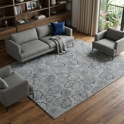 9' X 12' Silver Floral Hand Tufted Non Skid Area Rug