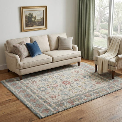 5' X 8' Ivory and Blue Wool Oriental Hand Tufted Non Skid Area Rug