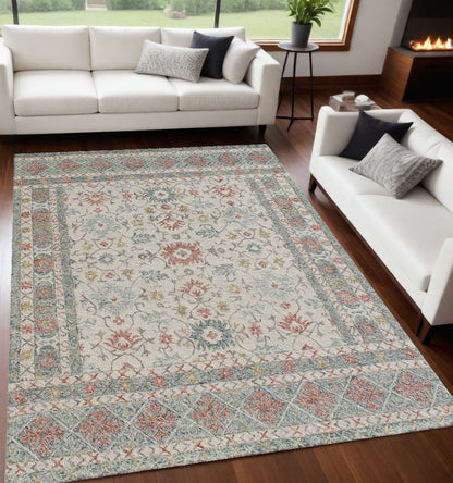 5' X 8' Ivory and Blue Wool Oriental Hand Tufted Non Skid Area Rug