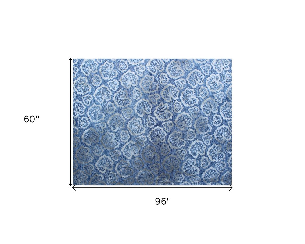 5' X 8' Denim Blue Wool Floral Hand Tufted Non Skid Area Rug