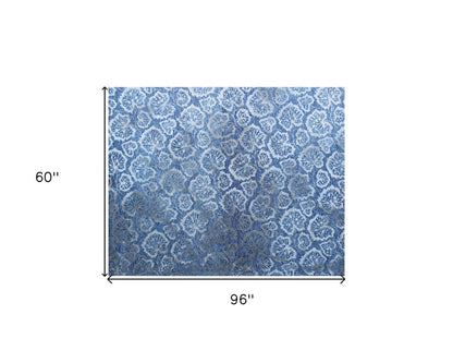 5' X 8' Denim Blue Wool Floral Hand Tufted Non Skid Area Rug