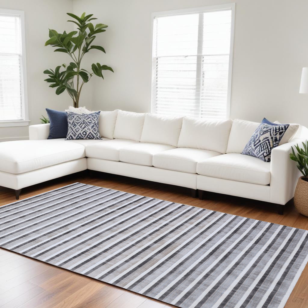 9' X 12' Brown and Ivory Striped Hand Loomed Area Rug