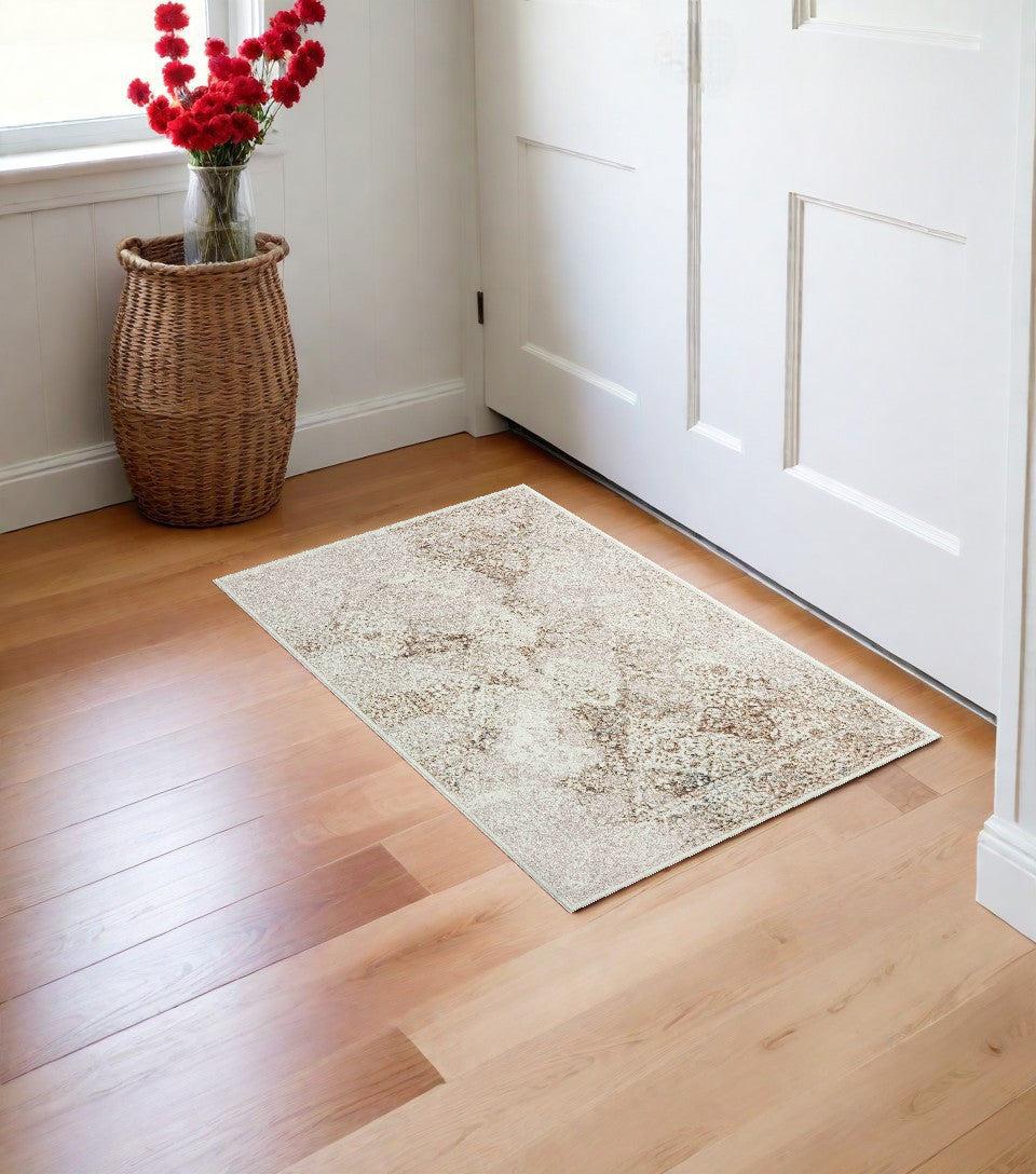 2' X 3' Beige and Ivory Damask Area Rug