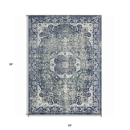 2' X 3' Blue and Ivory Floral Area Rug