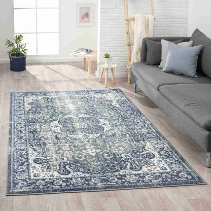 2' X 3' Blue and Ivory Floral Area Rug