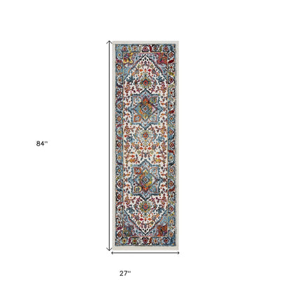 7' Runner White and Blue Medallion Runner Rug