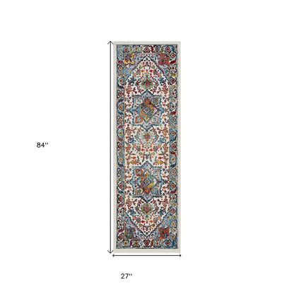 7' White And Blue Medallion Runner Rug