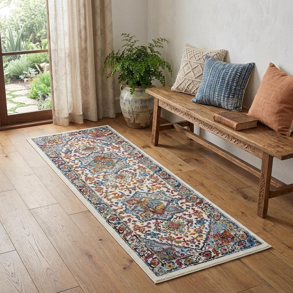 7' White And Blue Medallion Runner Rug