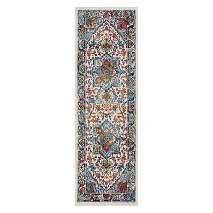 7' White And Blue Medallion Runner Rug