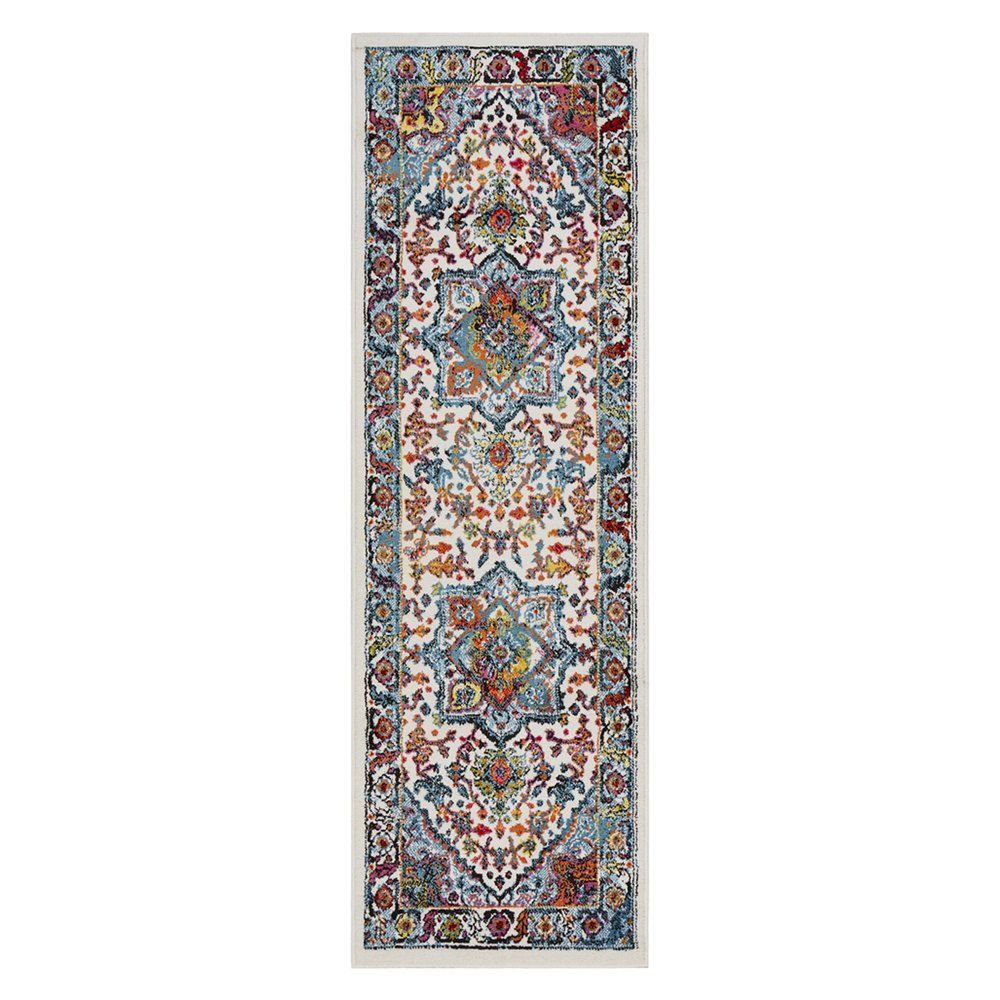 7' White And Blue Medallion Runner Rug