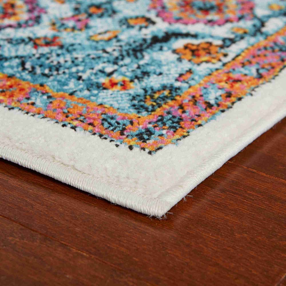 7' White And Blue Medallion Runner Rug