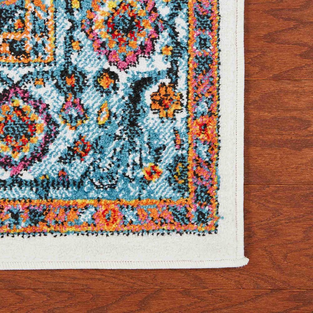 7' White And Blue Medallion Runner Rug