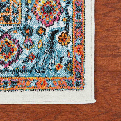 7' White And Blue Medallion Runner Rug