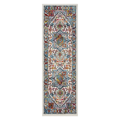 7' Runner White and Blue Medallion Runner Rug