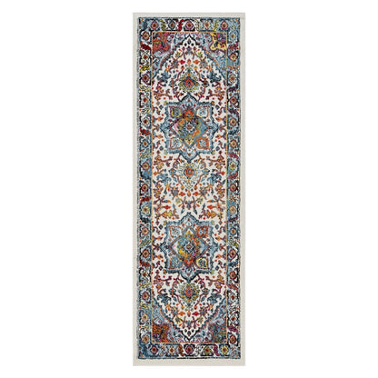 7' White And Blue Medallion Runner Rug