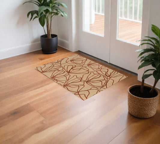 2' X 4' Beige and Bronze Abstract Floral Washable Area Rug With UV Protection