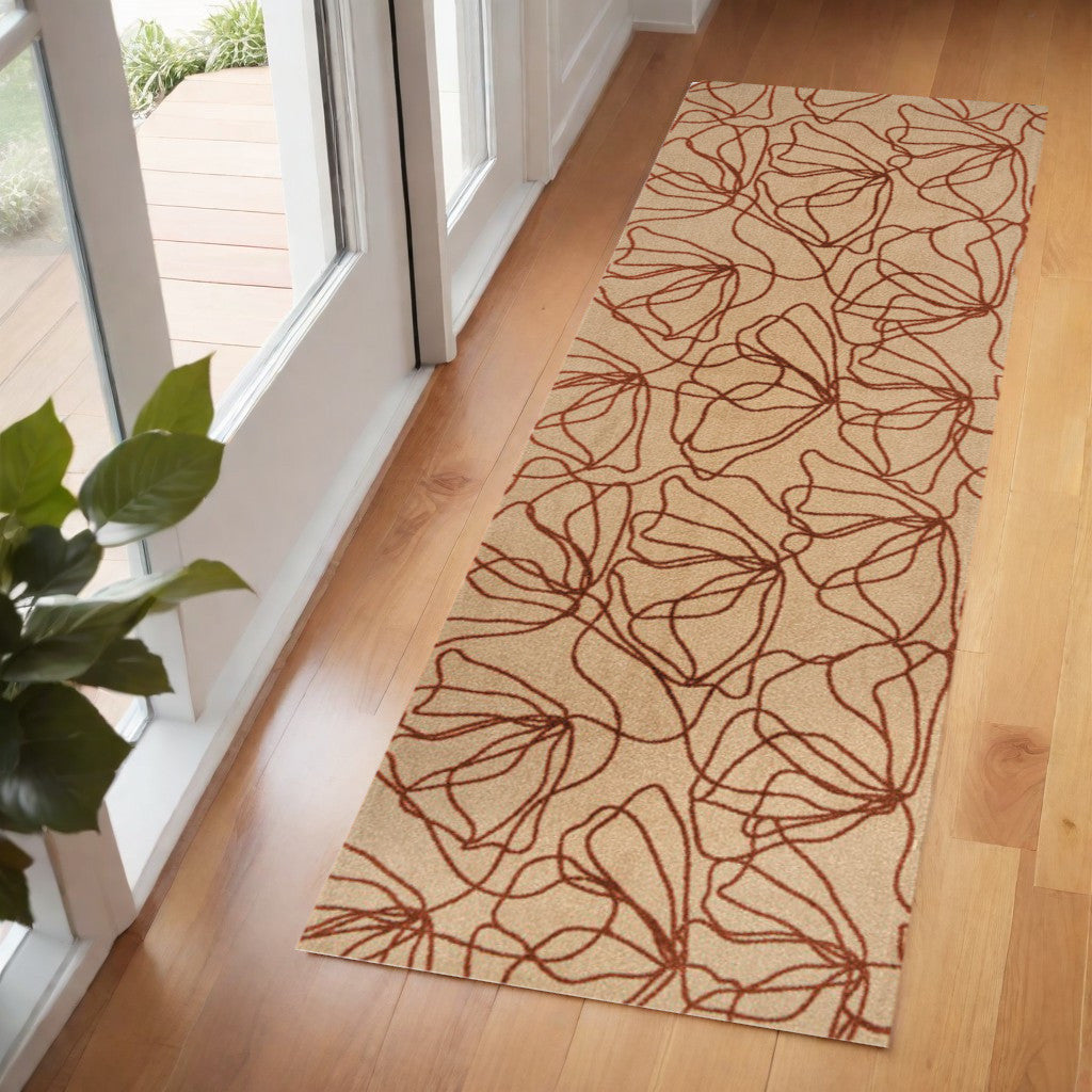 6' Beige and Bronze Floral Washable Area Rug With UV Protection