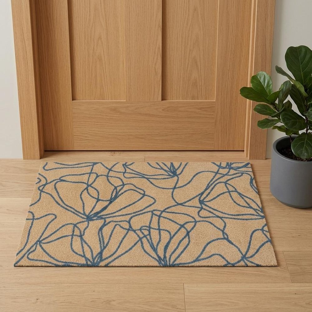 2' X 3' Beige And Blue Floral Washable Area Rug With UV Protection