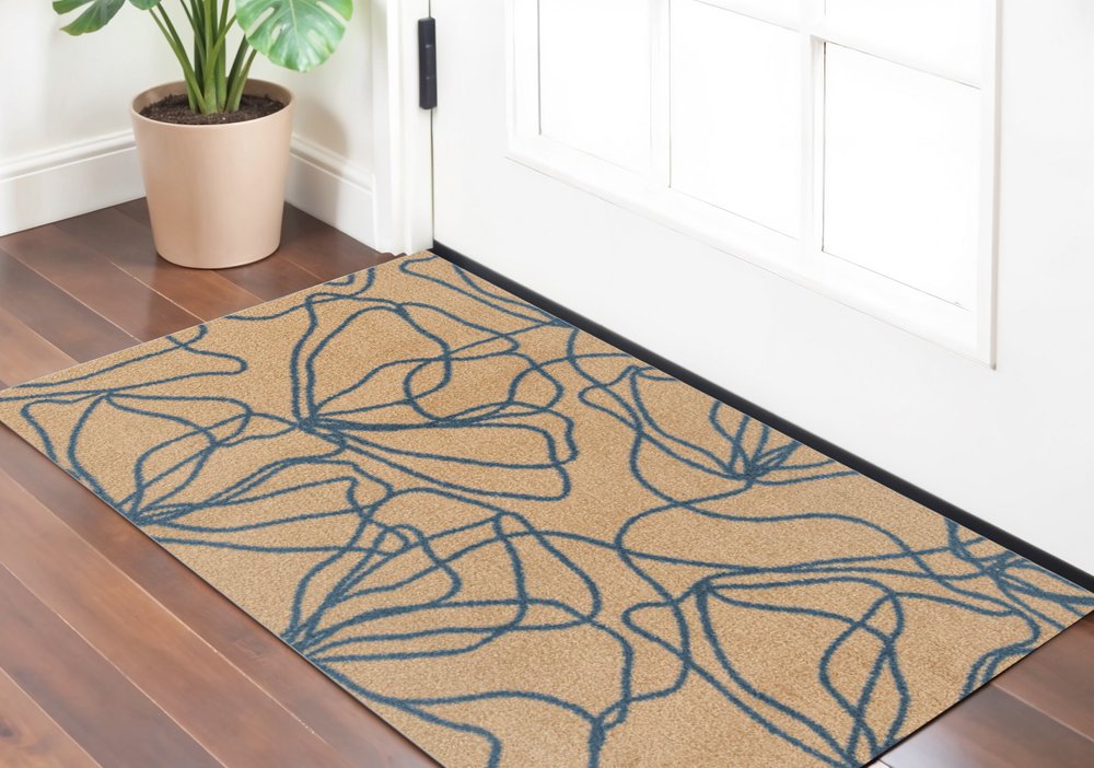 2' X 3' Beige And Blue Floral Washable Area Rug With UV Protection