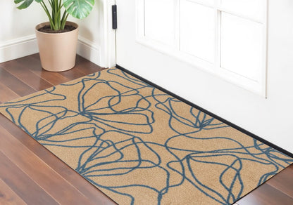 2' X 3' Beige And Blue Floral Washable Area Rug With UV Protection