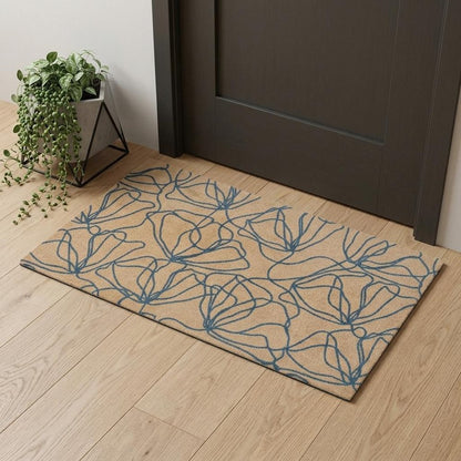 2' X 4' Beige And Blue Floral Washable Area Rug With UV Protection