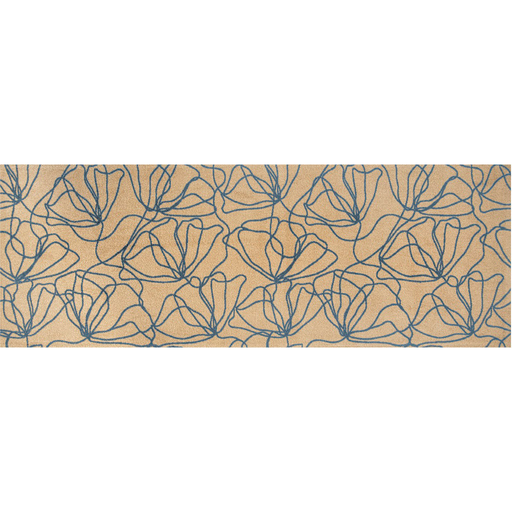 6' Beige and Blue Floral Washable Runner Rug With UV Protection