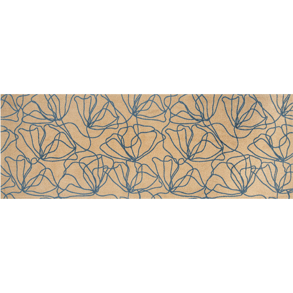 6' Beige and Blue Floral Washable Runner Rug With UV Protection