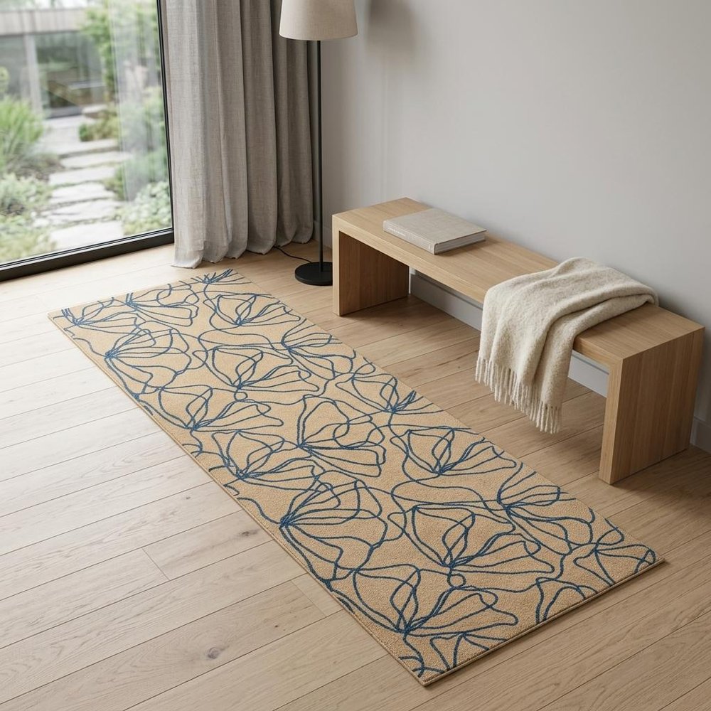 6' Beige And Blue Floral Washable Runner Rug With UV Protection