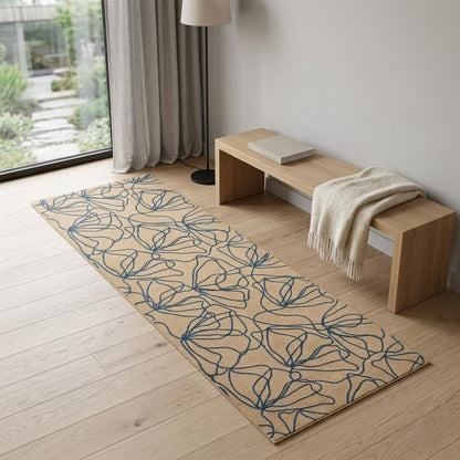 6' Beige And Blue Floral Washable Runner Rug With UV Protection