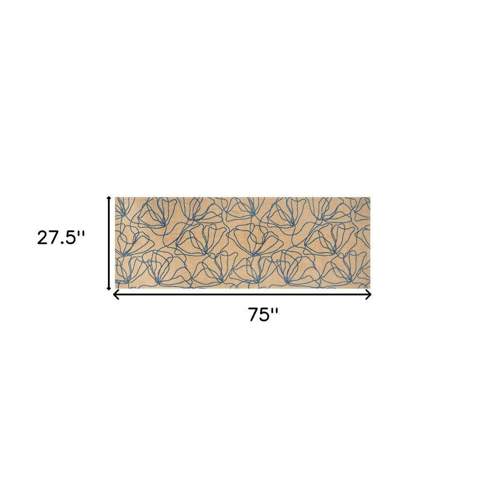 6' Beige And Blue Floral Washable Runner Rug With UV Protection