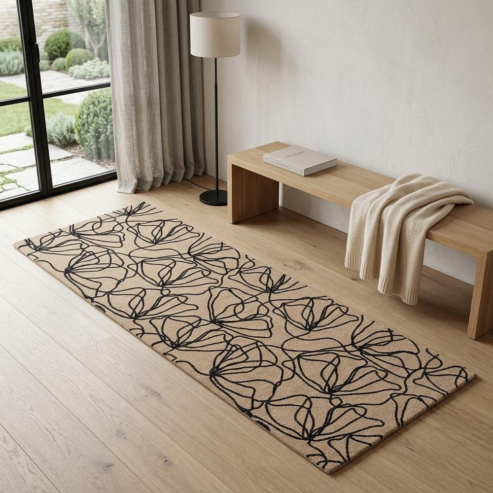 6' Beige and Black Floral Washable Runner Rug With UV Protection