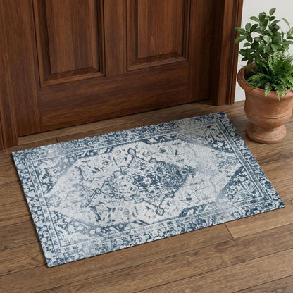 2' X 3' Dark Blue Gray And Ivory Oriental Distressed Washable Area Rug With UV Protection