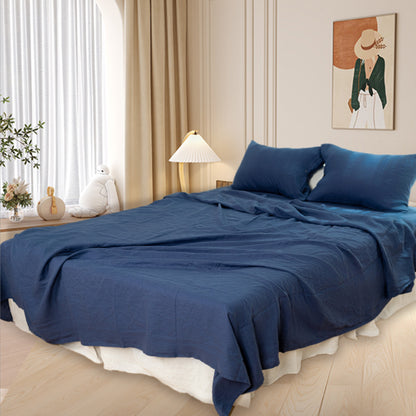 Four Piece Navy Blue Linen Queen Sheet Set