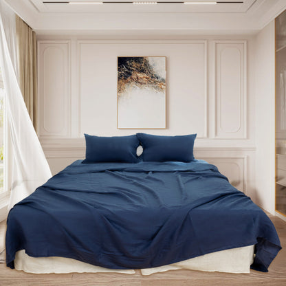 Four Piece Navy Blue Linen Queen Sheet Set