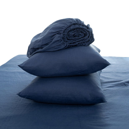 Four Piece Navy Blue Linen Queen Sheet Set