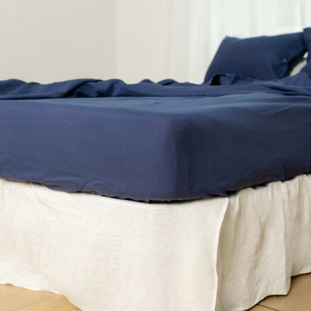 Four Piece Navy Blue Linen King Sheet Set