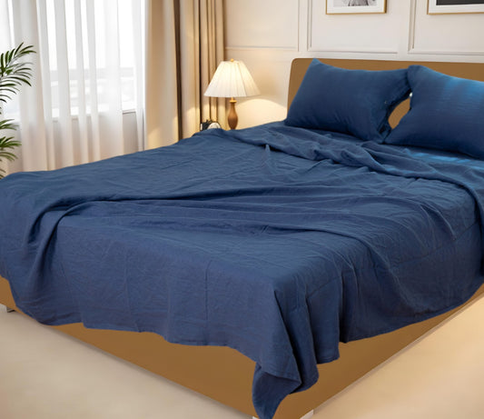 Four Piece Navy Blue Linen King Sheet Set