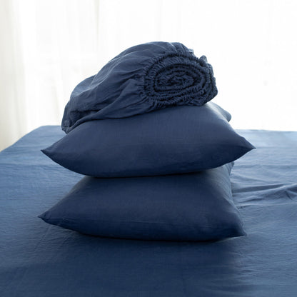 Four Piece Navy Blue Linen California King Sheet Set