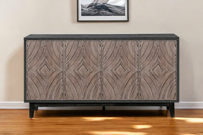 60" Charcoal and Brown Distressed Wood Sideboard with Four Doors