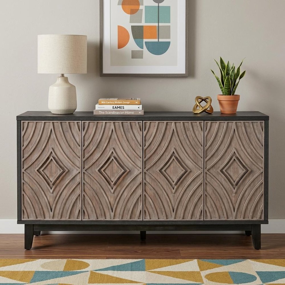 60" Charcoal and Brown Distressed Wood Sideboard with Four Doors
