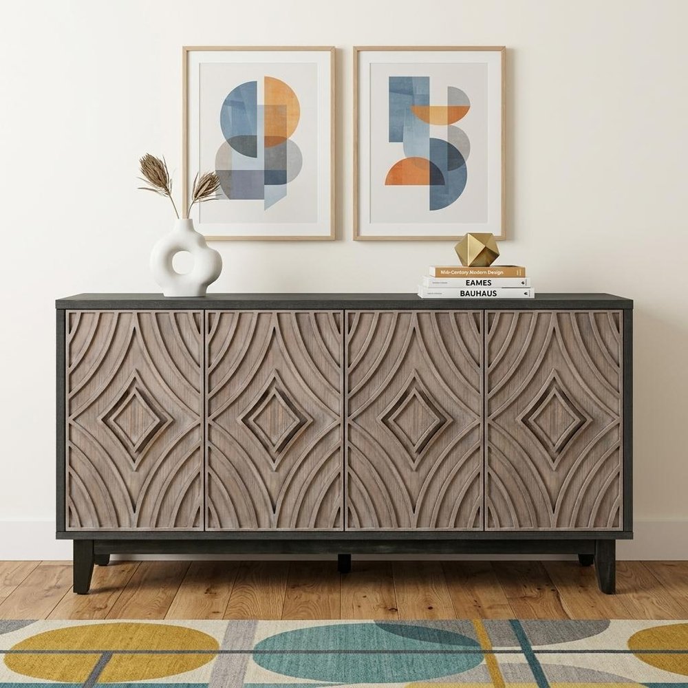 60" Charcoal and Brown Distressed Wood Sideboard with Four Doors
