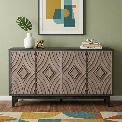 60" Charcoal and Brown Distressed Wood Sideboard with Four Doors